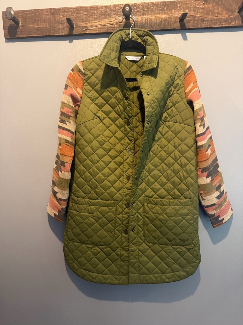 Quilted Olive Green Puffer Coat with Patterned Sleeves
